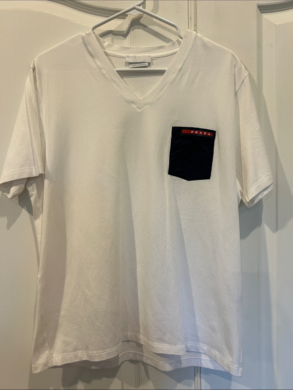 Prada White V-Neck Tee with Black Chest Pocket and Red Logo Trim